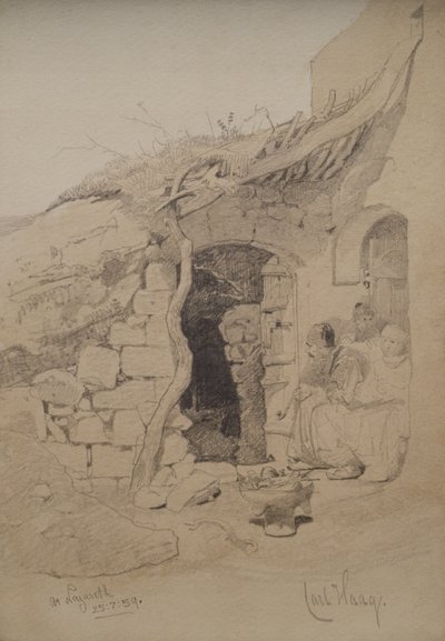 Drie figuren zittend buiten een huis, Nazareth, 1859 door Carl Haag