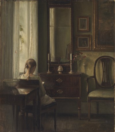 Interieur met een meisje dat leest door Carl Holsoe