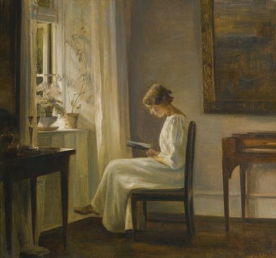 Interieur met een lezende vrouw door Carl Holsoe