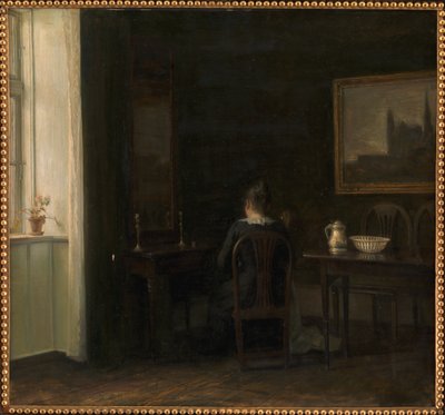 Interieur met de vrouw van de kunstenaar Emilie Heise door Carl Holsoe