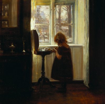 Een Meisje bij een Naaibureau door Carl Holsoe