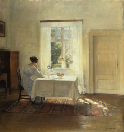 Een vrouw zittend aan een tafel bij een raam, ca. 1900 door Carl Holsoe