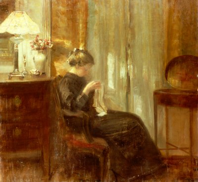 Een vrouw die naait in een interieur door Carl Holsoe