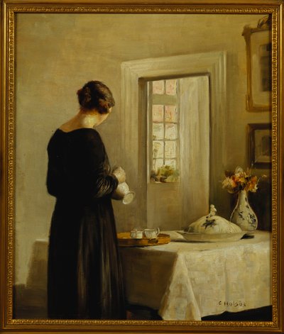 Een Interieur met een Vrouw aan een Tafel door Carl Holsoe