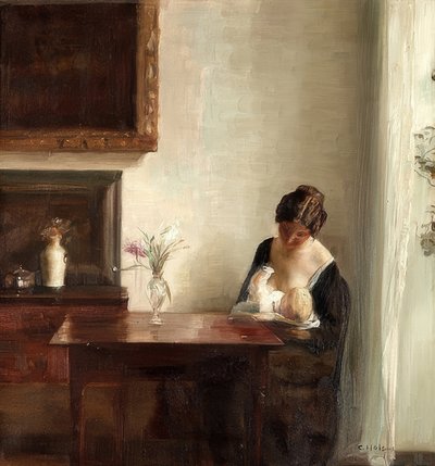 Interieur met moeder en kind door Carl Holsoe