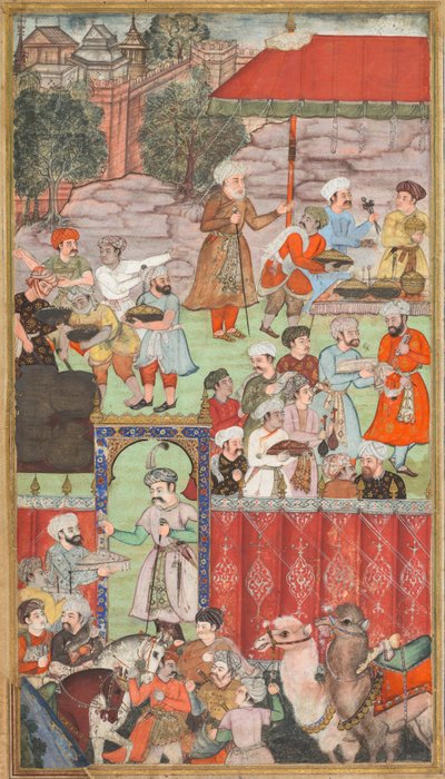 Een feest voor Babur georganiseerd door zijn halfbroer Jahangir Mirza in Ghazni in mei 1505, uit een Babur-nama (Herinneringen van Babur) door Carl Julius Rieden