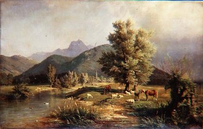Bergachtig Bebost Landschap met Paarden en Schapen door Carl Jutz