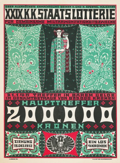 Poster die de 24e Koninklijke Oostenrijkse liefdadigheidsloterij in 1912 adverteert door Carl Krenek