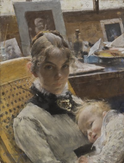 Een atelieridylle: De vrouw van de kunstenaar en hun dochter Suzanne door Carl Larsson