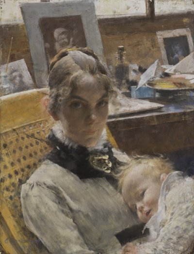 Atelieridylle. De vrouw van de kunstenaar en hun dochter door Carl Larsson