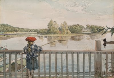 Lisbeth aan het vissen. Omstreeks 1895 door Carl Larsson