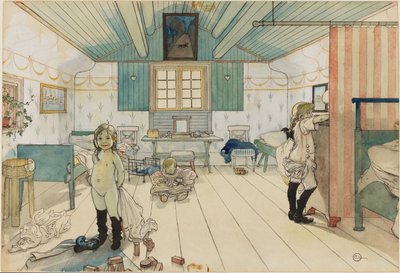De kamer van moeder en de kleine meisjes. Uit Een thuis (26 aquarellen) door Carl Larsson