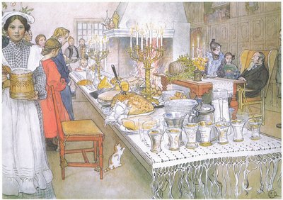 Op kerstavond is de enorme lange tafel in de grote zaal helemaal bedekt met eten door Carl Larsson