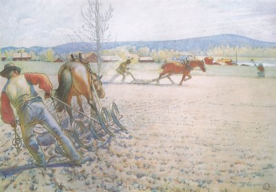 De twee mannen met hun eggen werkten methodisch heen en weer door Carl Larsson