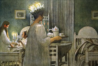 jong meisje met kaarsenkroon in het haar tijdens Sint Lucia dag, Illustratie 1916 door Carl Larsson