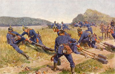 Beierse mitrailleurcompagnie die een positie inneemt (kleur litho) door Carl Ludwig Friedrich (after) Becker