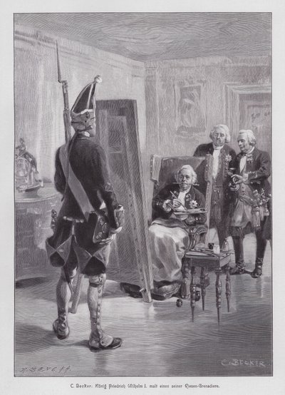 Koning Frederik Willem I van Pruisen schildert een grenadier van zijn Potsdamer Riesengarde (Grote Garde van Potsdam) (gravure) door Carl Ludwig Friedrich (after) Becker
