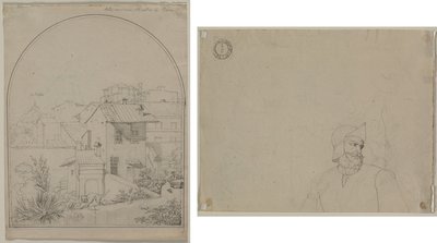 Uitzicht vanuit mijn raam in Rome (recto) Soldaat in een landschap (verso) door Carl Ludwig Tischbein