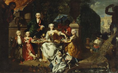 Een familiegroep op een terras in de tuinen van een villa, mogelijk George Jackson en zijn familie, 1737 door Carl Marcus Tuscher