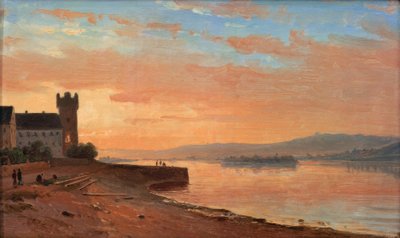 Zonsopgang aan de Rijn bij Rüdesheim met de Adlerturm door Carl Morgenstern