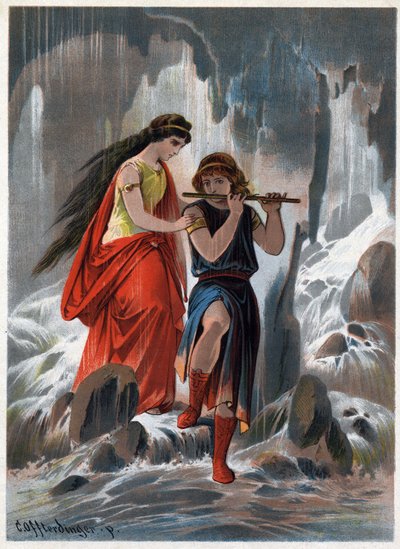 Prins Tamino en prinses Pamina staken de waterstromen over zonder angst en de prins bleef fluitspelen. Illustratie door Carl Offterdinger (1829-1889) in 