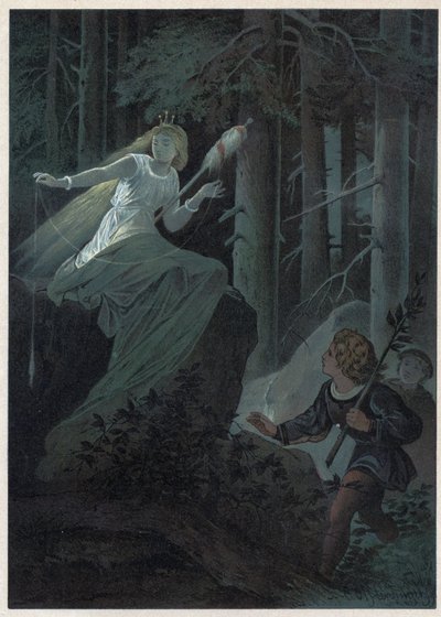 De fee die wegvlucht met een gouden spinrok zong het lot van een gouden knoop. Illustratie door Carl Offterdinger (1829-1889) in 