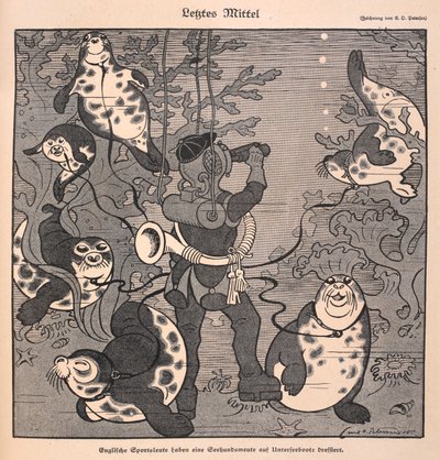 Laatste redmiddel. Een duiker met zeehonden; onderwaterscène door Carl Olof Petersen