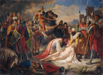 Karel I van Anjou bij het lichaam van Manfred na de Slag bij Benevento op 26 februari 1266 door Carl Rahl