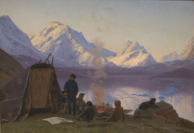 Een Groenlandse nederzetting bij een fjord. Zomer door Carl Rasmussen