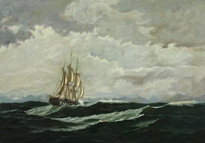 Zeegezicht met oorlogsschip in hoge zee door Carl Rasmussen