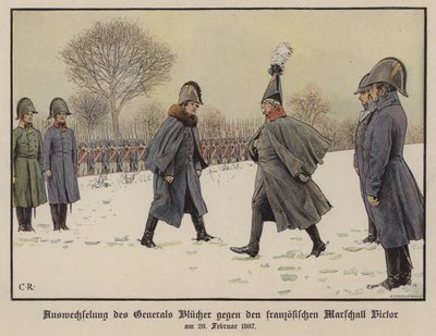 Uitwisseling van gevangen Pruisische en Franse veldmaarschalken Gebhard Blucher en Claude Victor-Perrin, 20 februari 1807 door Carl Röchling
