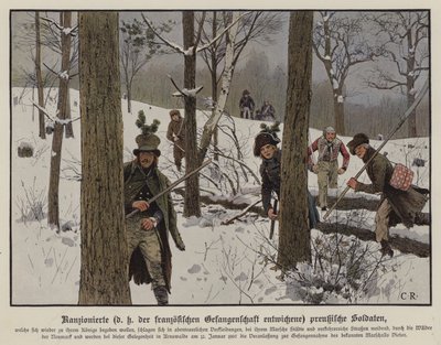 Pruisische soldaten ontlopen Franse gevangenschap, januari 1807 (kleur litho) door Carl Röchling