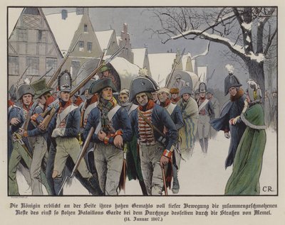 De rest van het Pruisische leger marcheert langs koning Frederik Willem III en koningin Louise door de straten van Memel door Carl Röchling