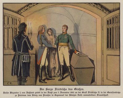 Tsaar Alexander I van Rusland bezoekt het graf van Frederik de Grote in Potsdam met koning Frederik Willem III en koningin Louise van Pruisen en zweert zijn onwankelbare vriendschap, 5 november 1805 (kleur litho) door Carl Röchling