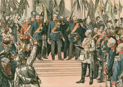 Wilhelm I, Koning van Pruisen en eerste Duitse Keizer, wordt erkend als de Kaiser van het nieuw verenigde Duitse Rijk bij het Verdrag van Versailles in 1871 door Carl Rohling