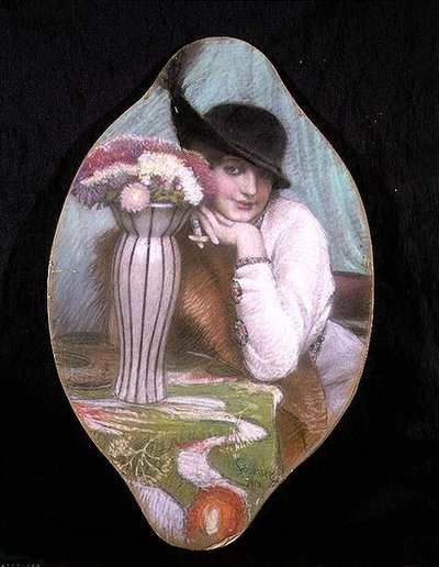 Portret van een meisje bij een vaas met bloemen door Carl Schlosser