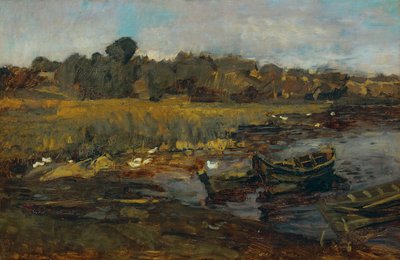 Rietlandschap bij Schwielowsee met eenden door Carl Schuch
