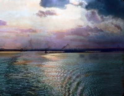 Japan, impressie van de Tokio Baai nabij Yokohama, circa 1920 door Carl Simon