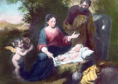 De slapende Christus Kind met Engelen, Maria en Jozef. Schilderij door Spaanse barokschilder Bartolome Esteban Murillo door Carl Simon