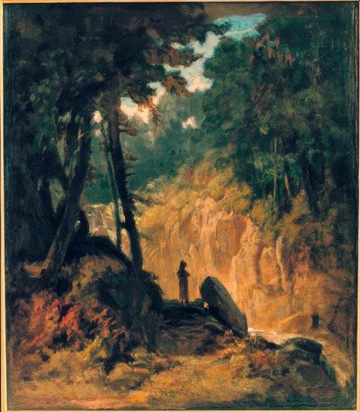 Boslandschap met waterval, aan de oever met kapucijner door Carl Spitzweg