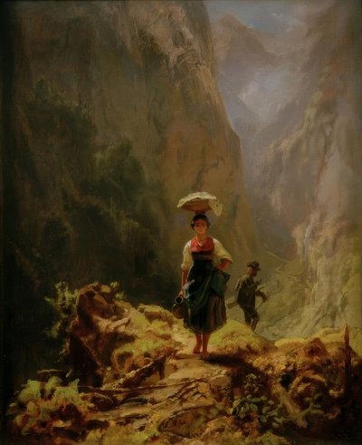 Dirndl en jager in de bergen door Carl Spitzweg