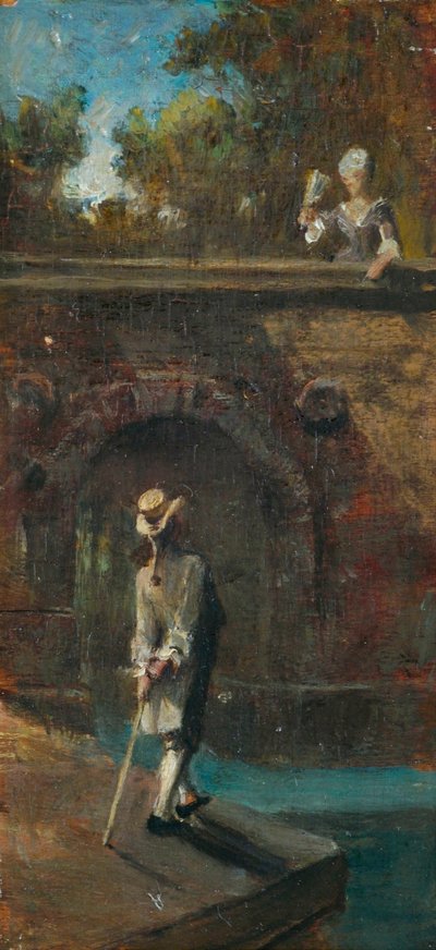 Galante scène bij een rivierbrug door Carl Spitzweg
