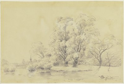 Landschap met bomen aan het water, in de verte de toren van een dorpskerk door Carl Spitzweg