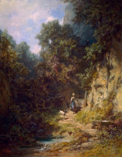 Meisje met geit, toegewuifd door een jager door Carl Spitzweg