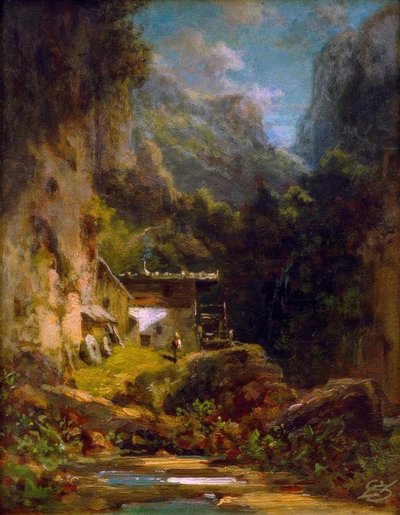 Molen in boskloof met een figuur door Carl Spitzweg