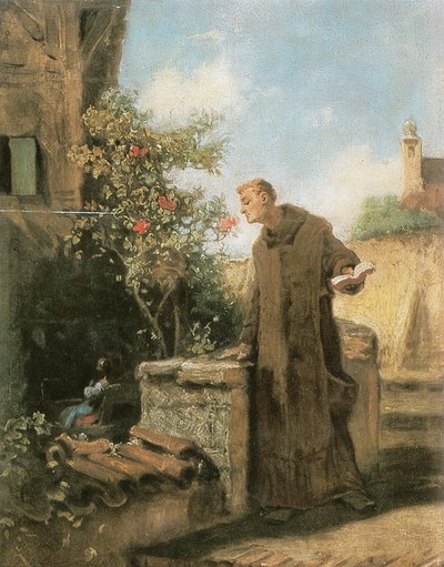 Monnik die aan een roos ruikt door Carl Spitzweg