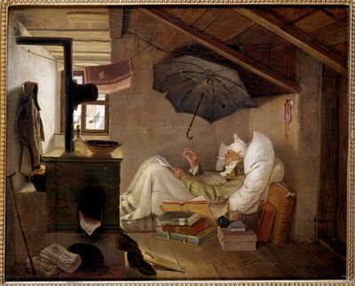 De arme dichter. Een oude man ligt in een zolderkamer. 1839 door Carl Spitzweg