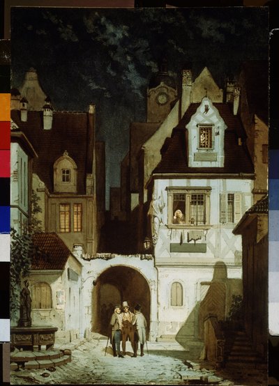 Een hoek van een Duitse stad bij maanlicht door Carl Spitzweg