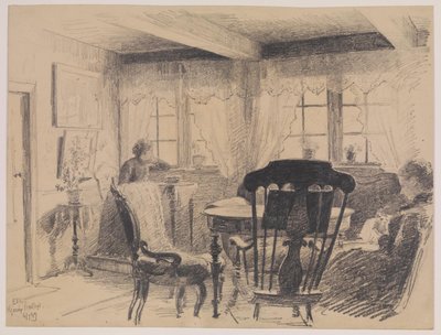 Hjarup pastorie. Kamer met twee naaiende dames door Carl Thomsen