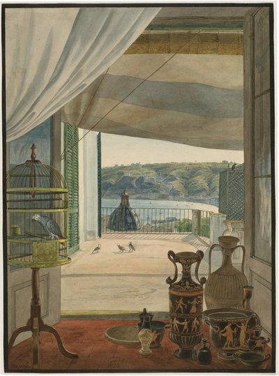 Antiquiteiten bij een Balkon met Uitzicht op de Golf van Napels door Carl Wilhelm Götzloff